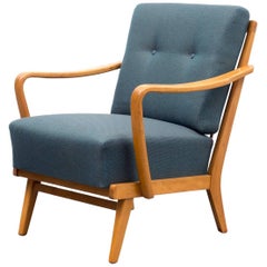 1950s Armchair, Reupholstered, Petrol Blue, Beech