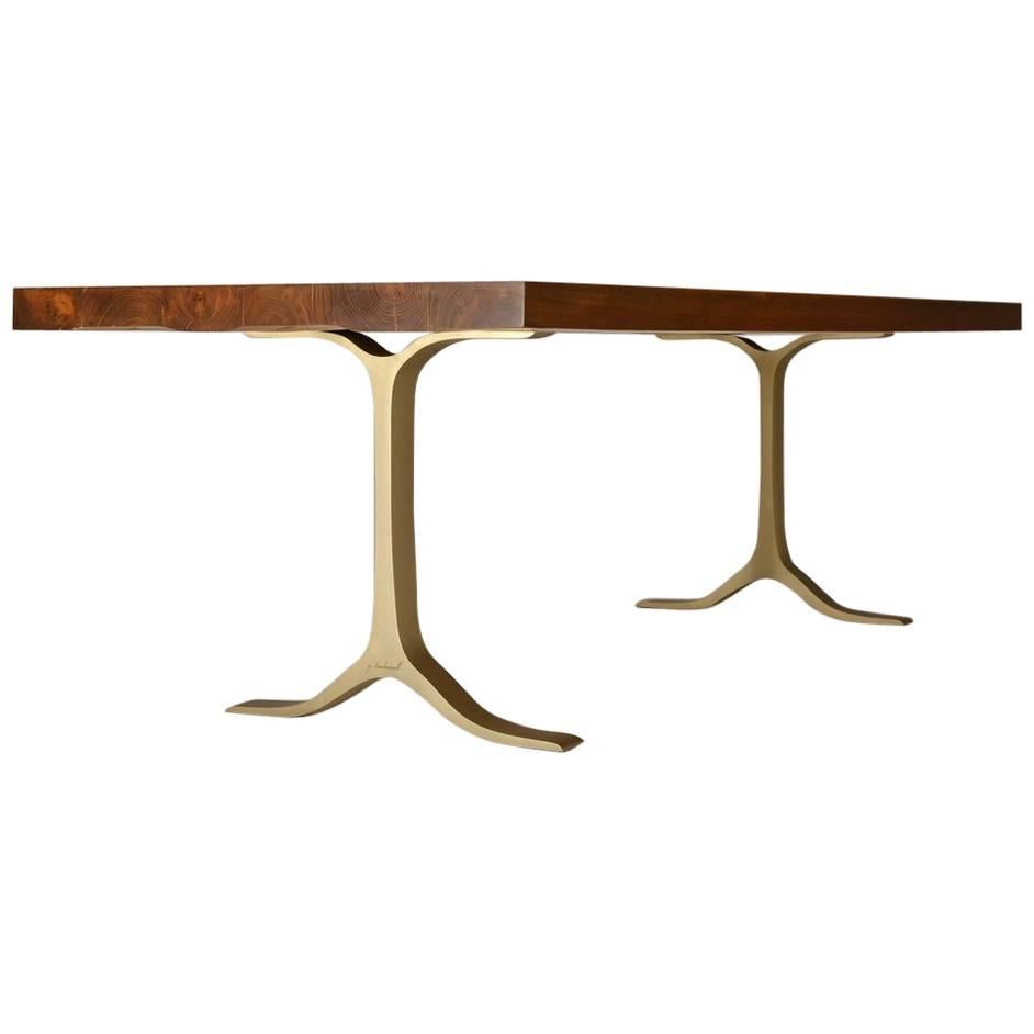 Bespoke Reclaimed Hardwood Dining Table, Hand-Cast Brass Base by P. Tendercool For Sale