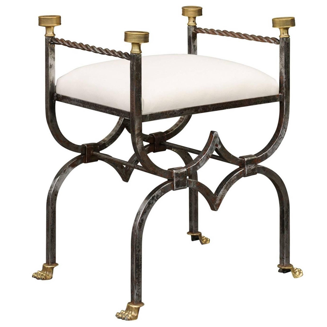 English 1900s Steel and Brass Upholstered Curule Stool with Lion Paw Feet