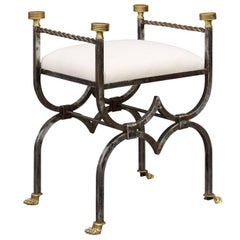 English 1900s Steel and Brass Upholstered Curule Stool with Lion Paw Feet