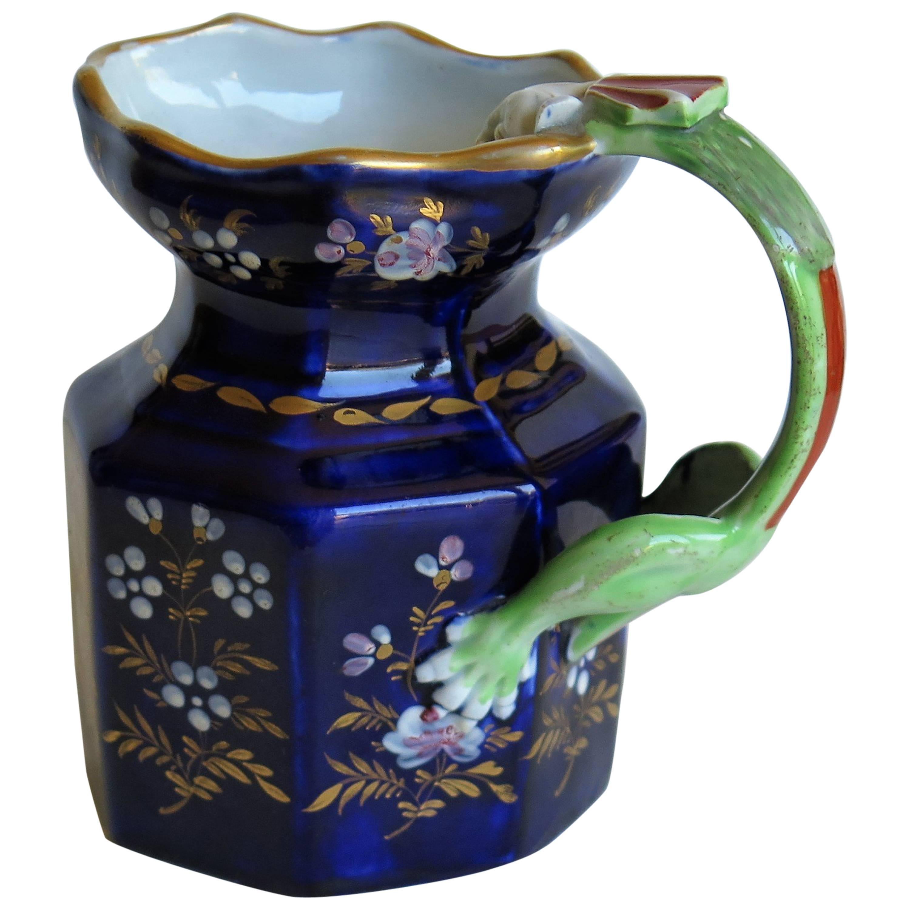  English Ironstone Jug with Dragon Handle Hand painted and Gilded, Ca 1820