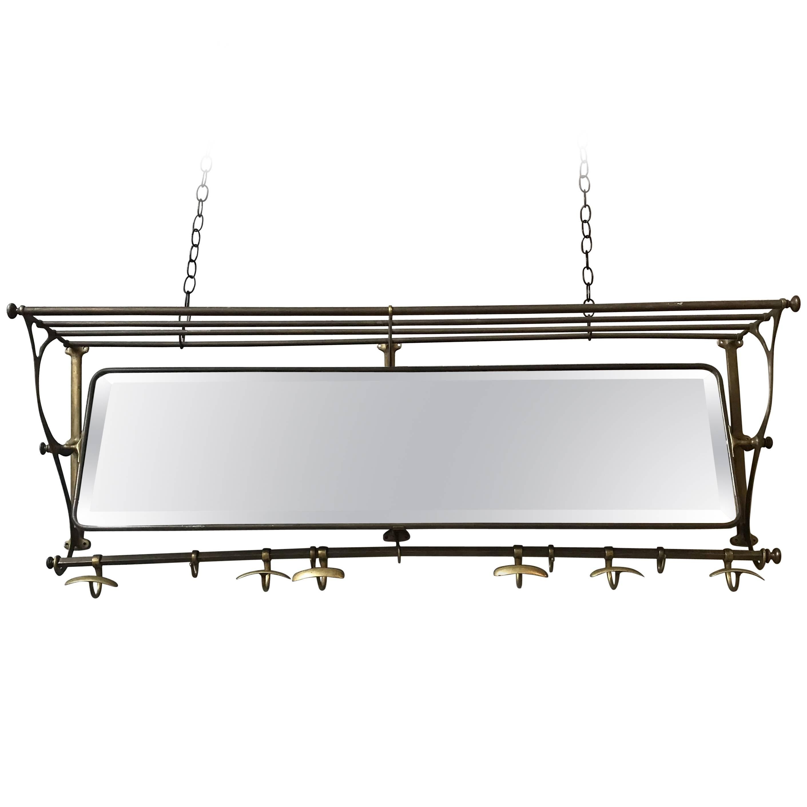 Brass Coat Rack with Mirror and Hooks