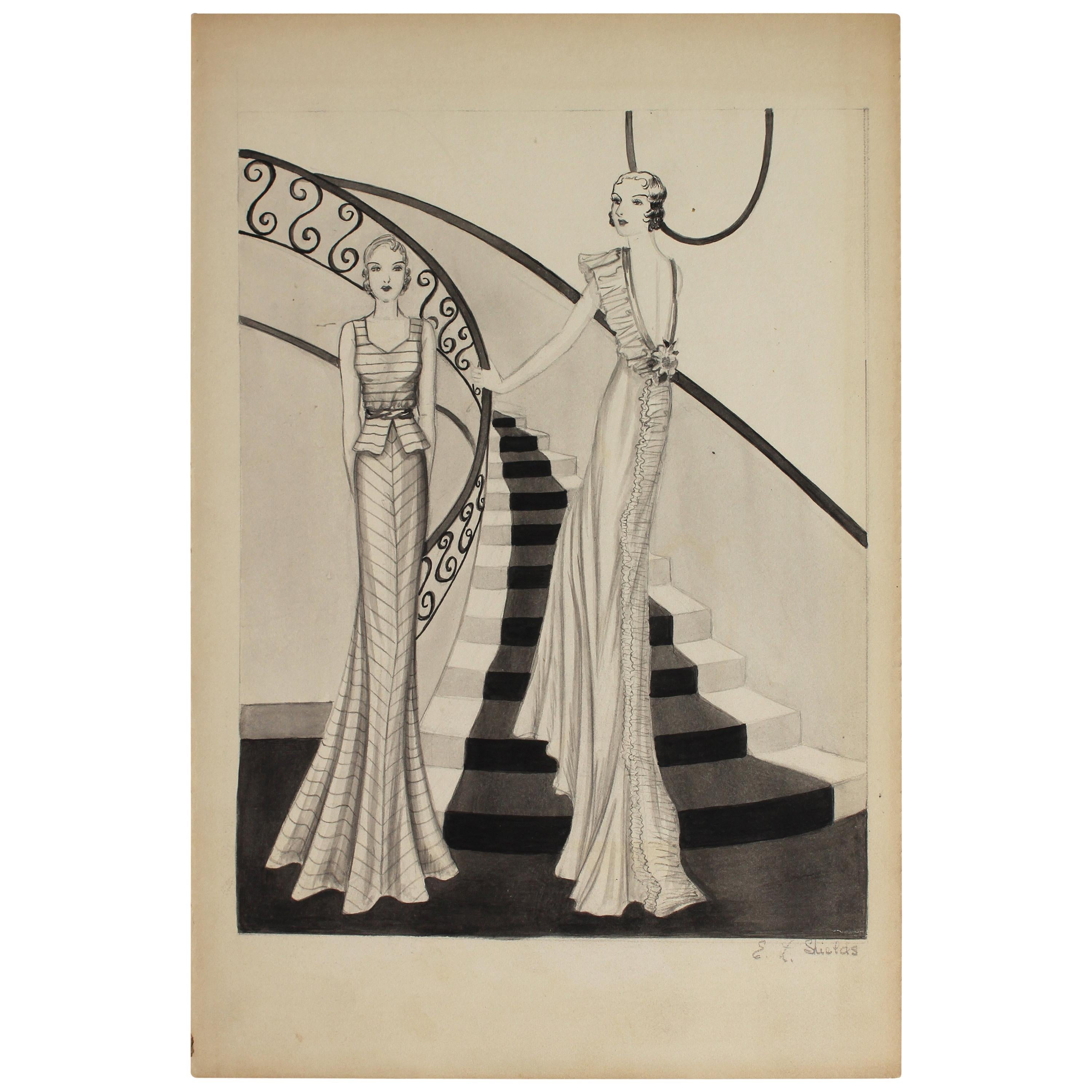 Black and White Fashion Illustration, circa 1940 by Emma Shields For Sale