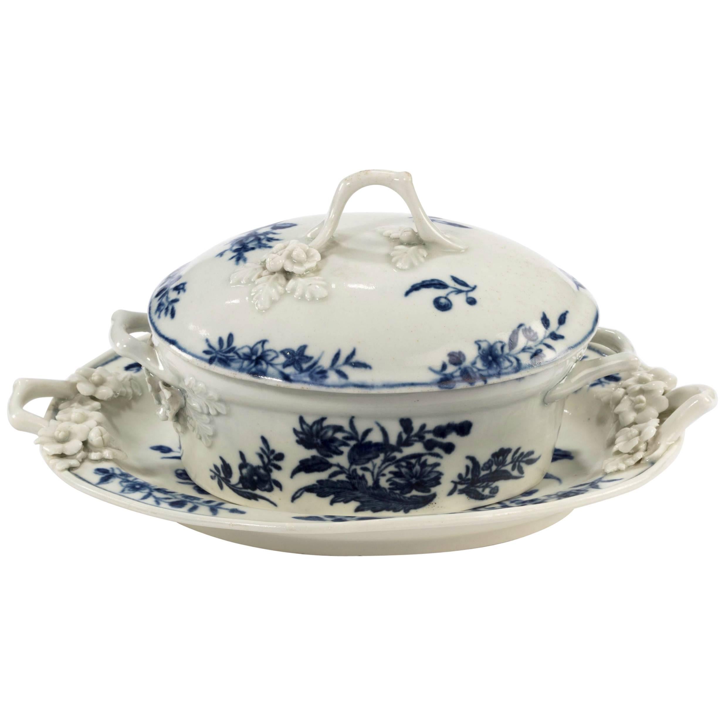 Late 18th Century, Worcester Blue and White Printed Oval Butter Tub