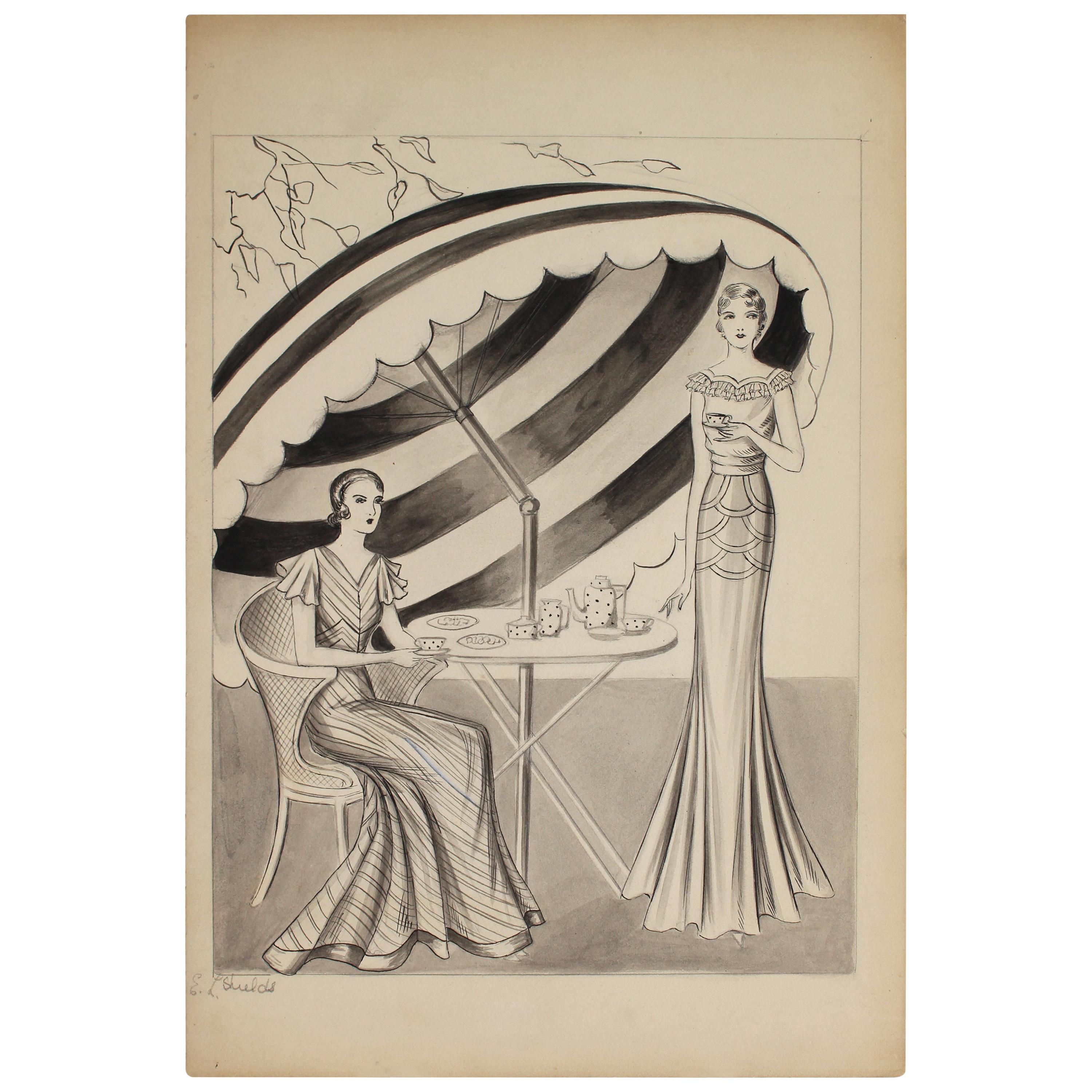 Black and White Fashion Illustration, circa 1940 by Emma Shields For Sale