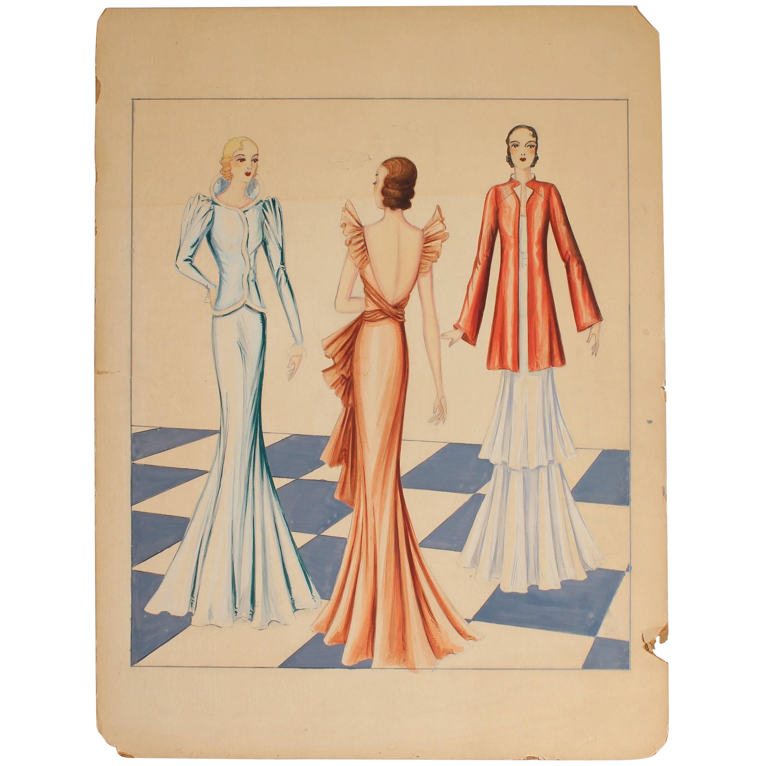 Color Fashion Illustration by Emma Shields, circa 1940 For Sale