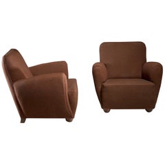 Pair of Danish Lounge Chairs with Brown Upholstery, 1940s