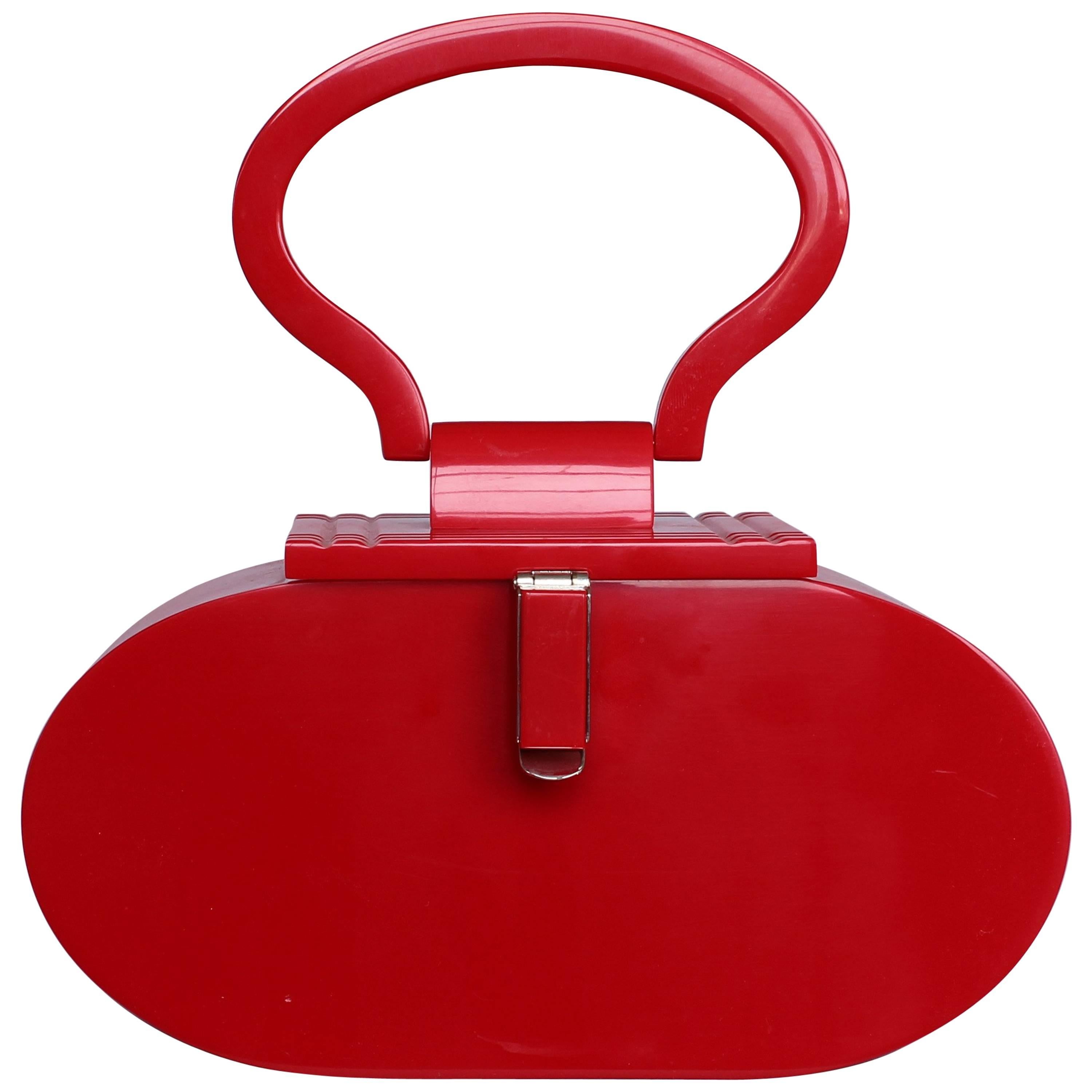 French Red Lucite Handbag with Chrome Clasp, circa 1960