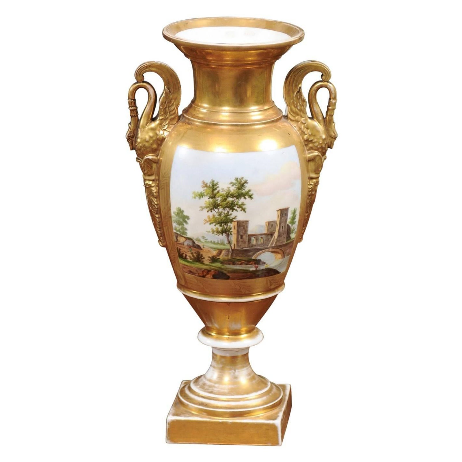 Paris Urn with Swan Handles & Painted Landscape Scene, France, ca. 1830-48