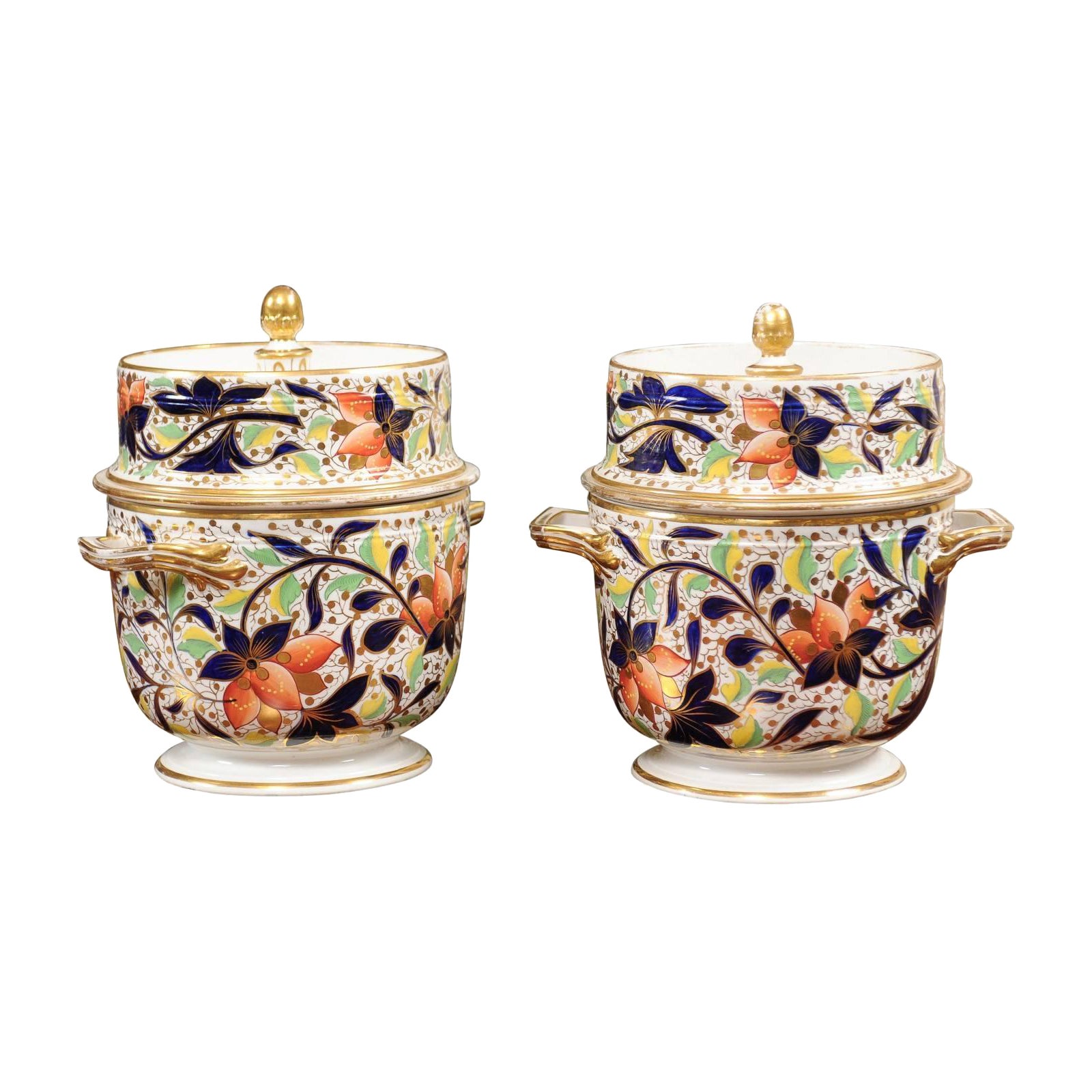 Pair of 19th Century English Derby Fruit Coolers with Lids & Liners, ca. 1815 For Sale