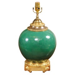 Vintage French Green Porcelain Vase with Bronze Dore Mounts, Wired as a Lamp