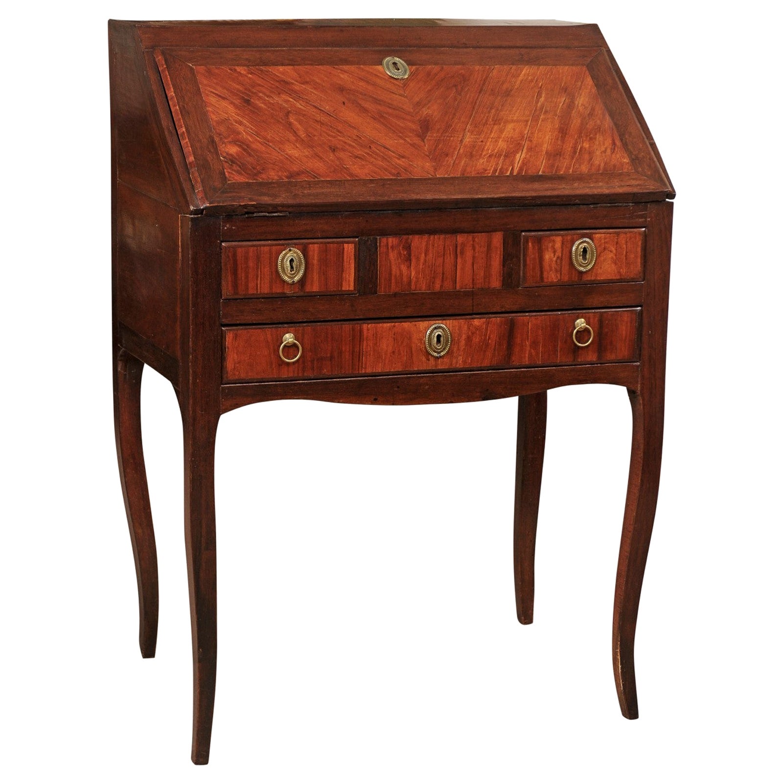 Petite Slant-Front Bureau in Kingwood with Fitted Interior & Leather Blotter For Sale