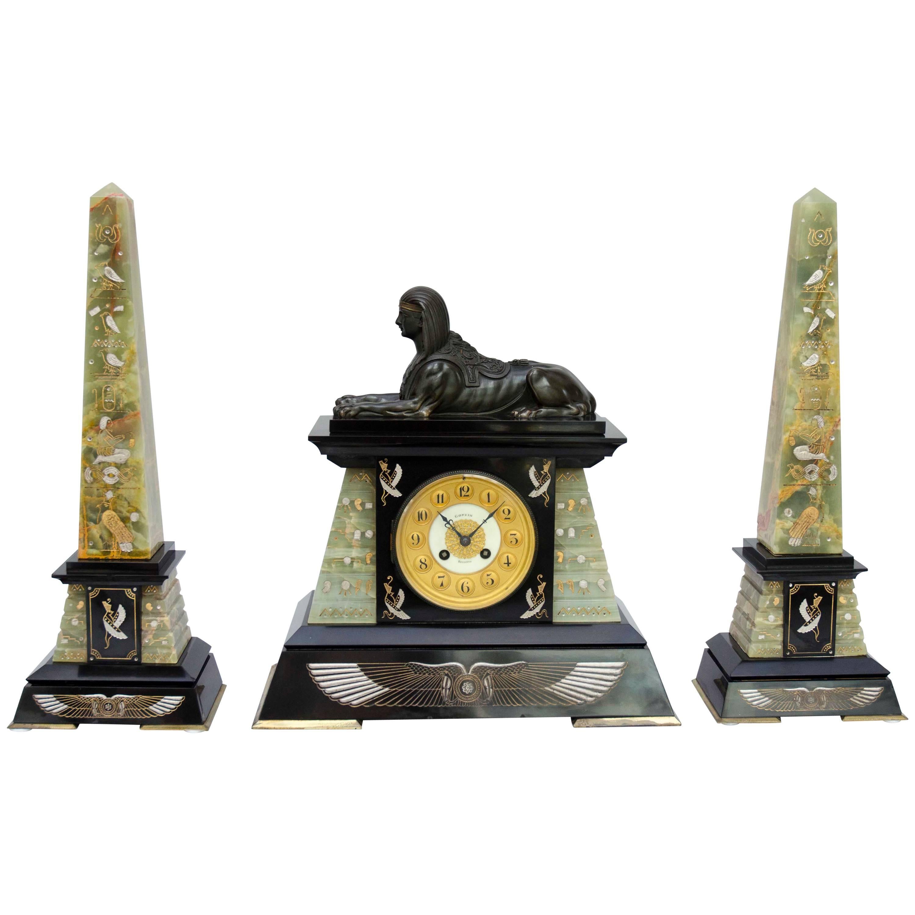 19th Century Egyptian Revival Mantel Garniture in Bronze, Marble and Onyx For Sale