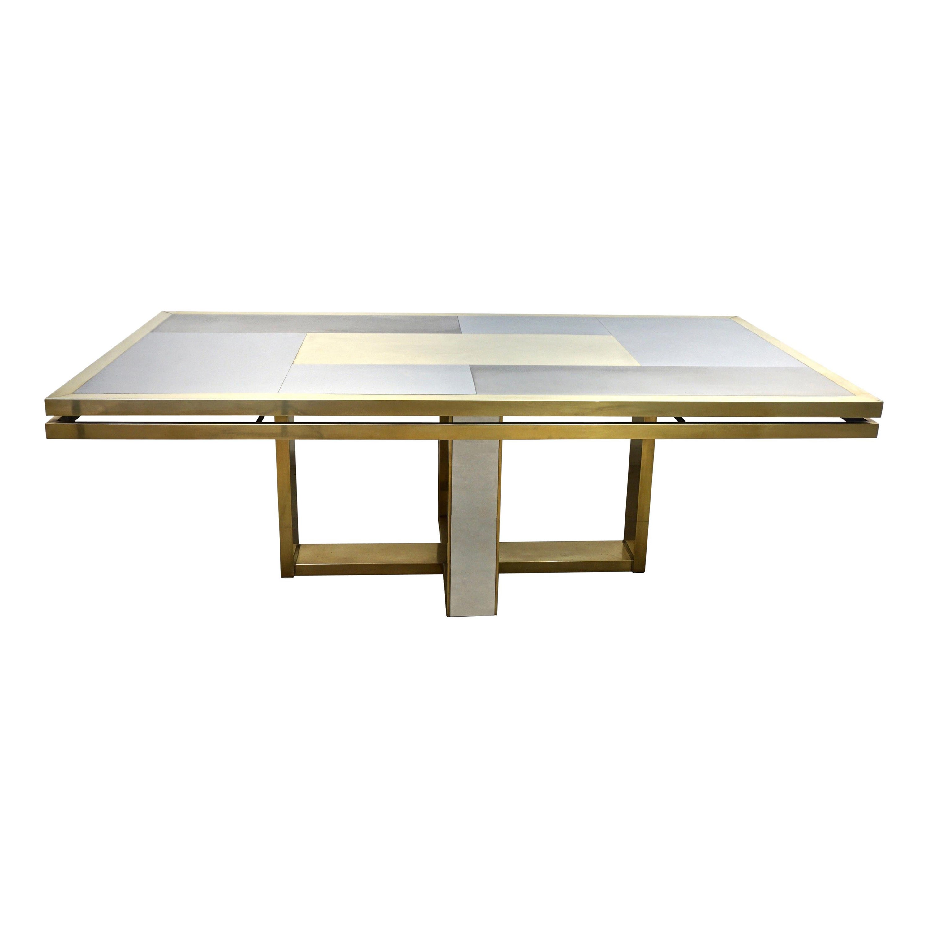 1970 Italian Vintage Brass Satin Chrome Geometric Large Modern Hall/Dining Table For Sale