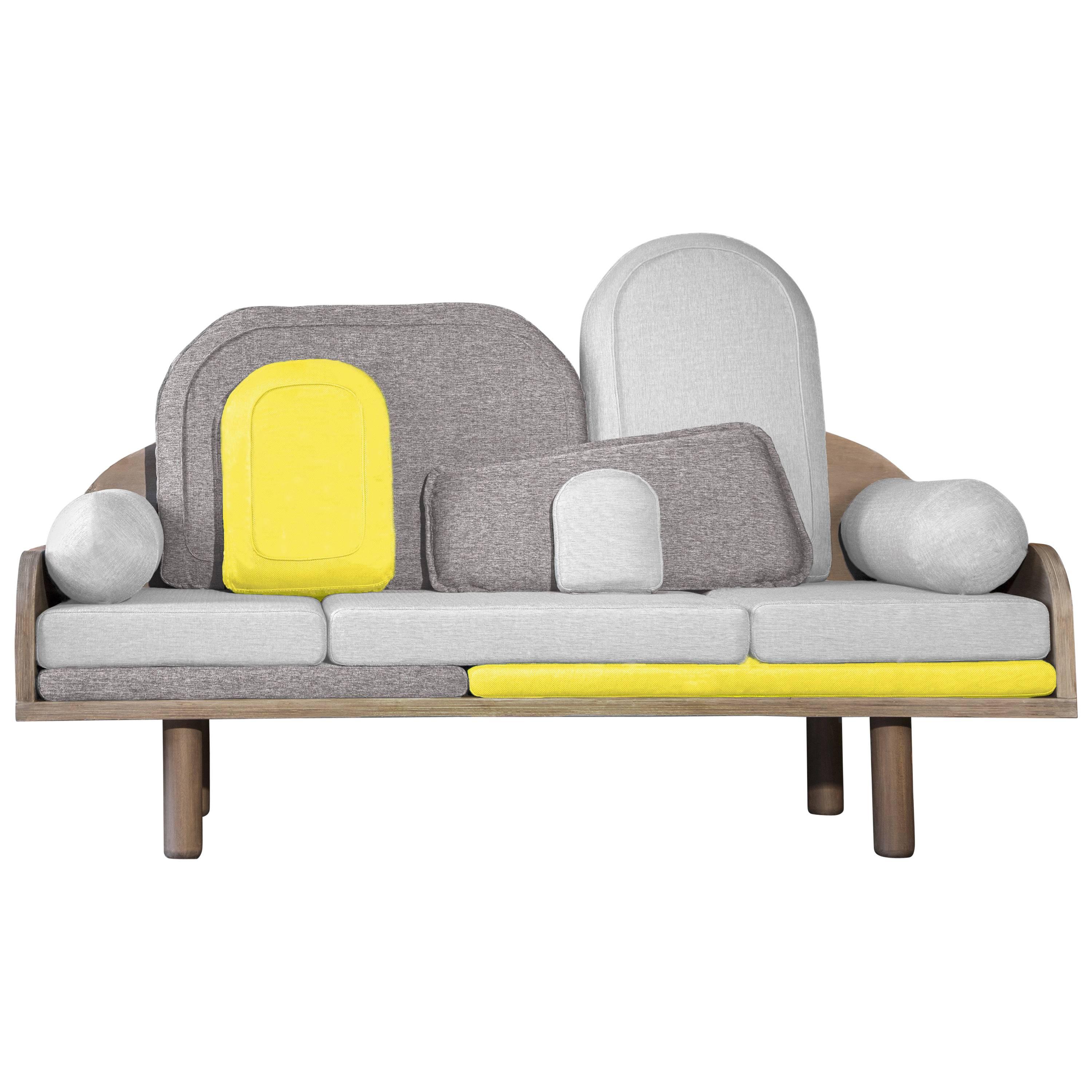 Contemporary Sofa by Margaux Keller, in oak plywood with abundance of cushions  For Sale