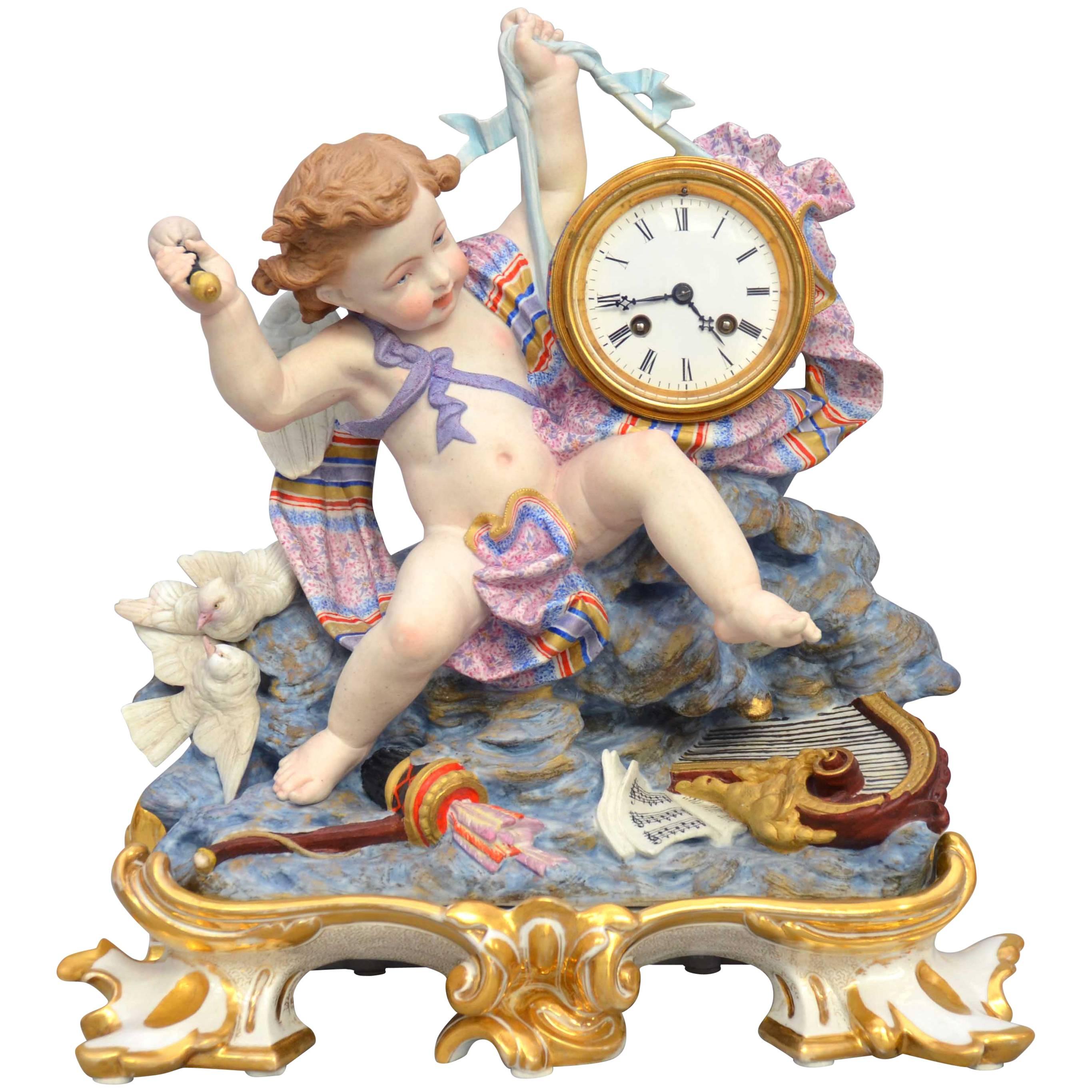 19th Century Polychrome Bisque Clock, Angel Smashing a Tambourine, Paris, France For Sale