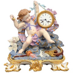 Antique 19th Century Polychrome Bisque Clock, Angel Smashing a Tambourine, Paris, France