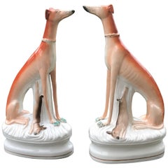 Antique Pair of English Staffordshire Greyhounds or Whippets, Large-Scale