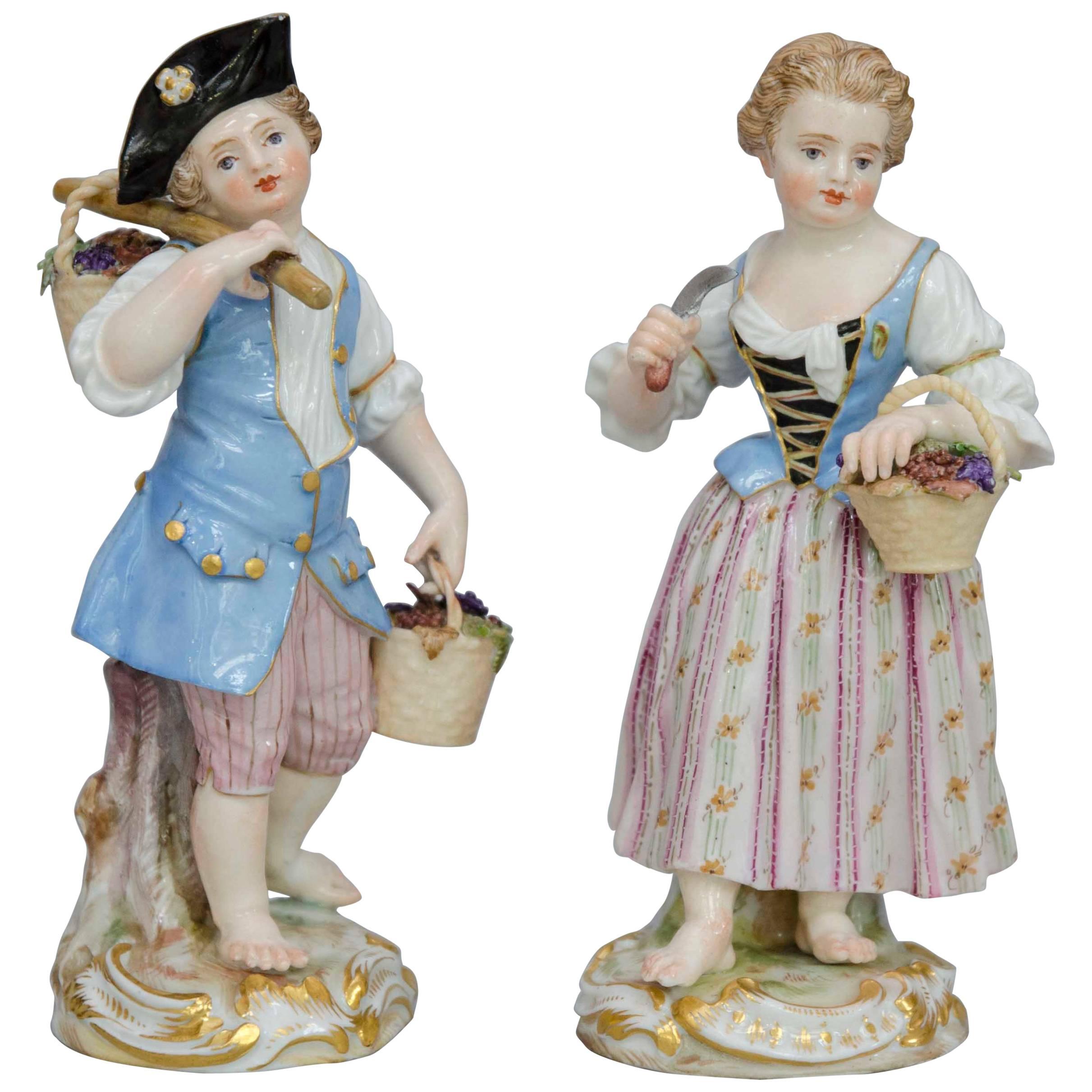 19th Century Meissen Porcelain Figures, Gardening Couple of Children For Sale