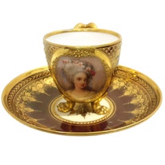 Antique Royal Vienna Porcelain Portrait Demitasse Cup and Saucer, Austria, circa 1890