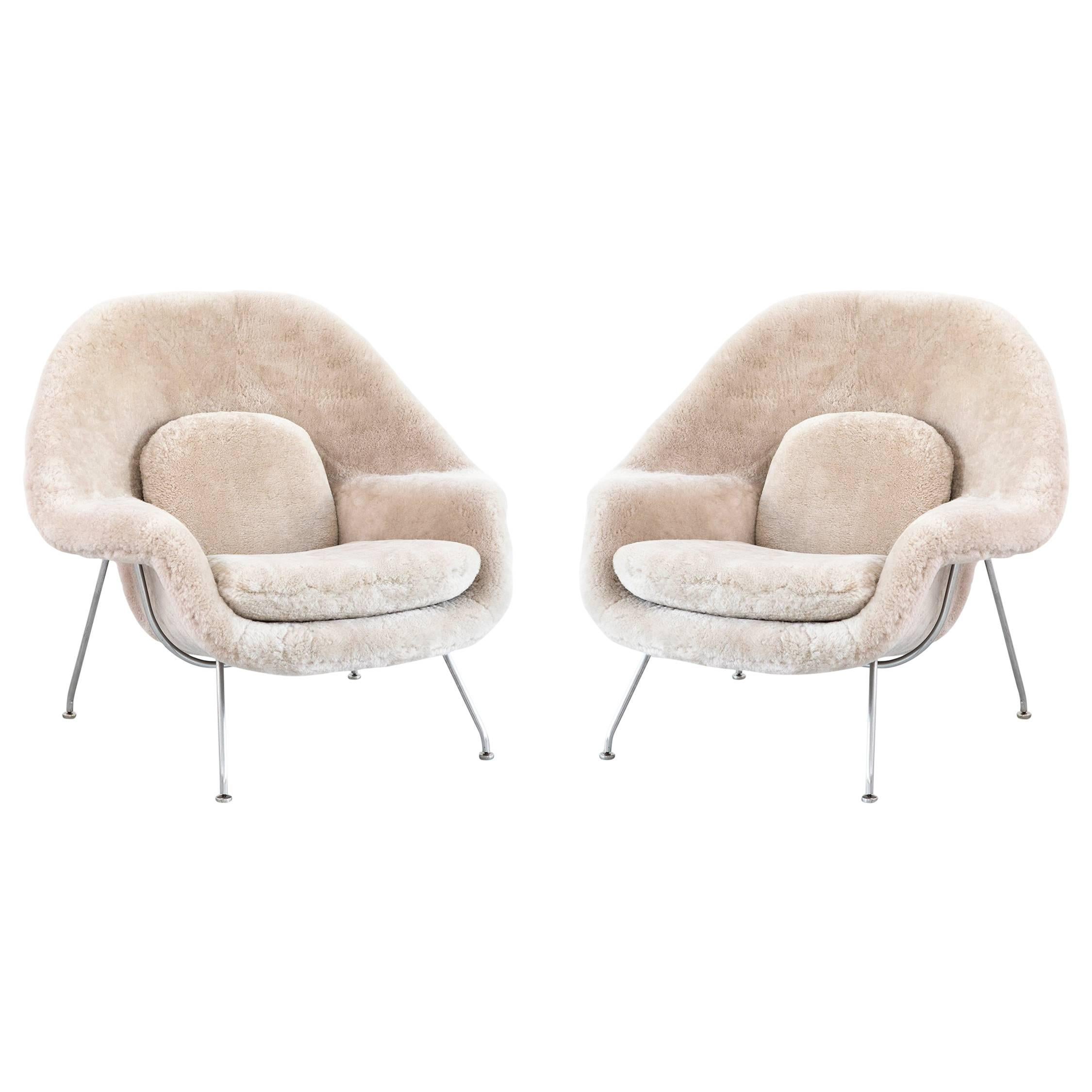 Set of Eero Saarinen Womb Chairs Reupholstered in Shearling