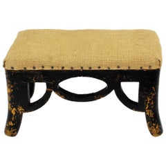 Miniature Stool or Vanity Jewelry Stand, Upholstered Seat in Burlap Fabric