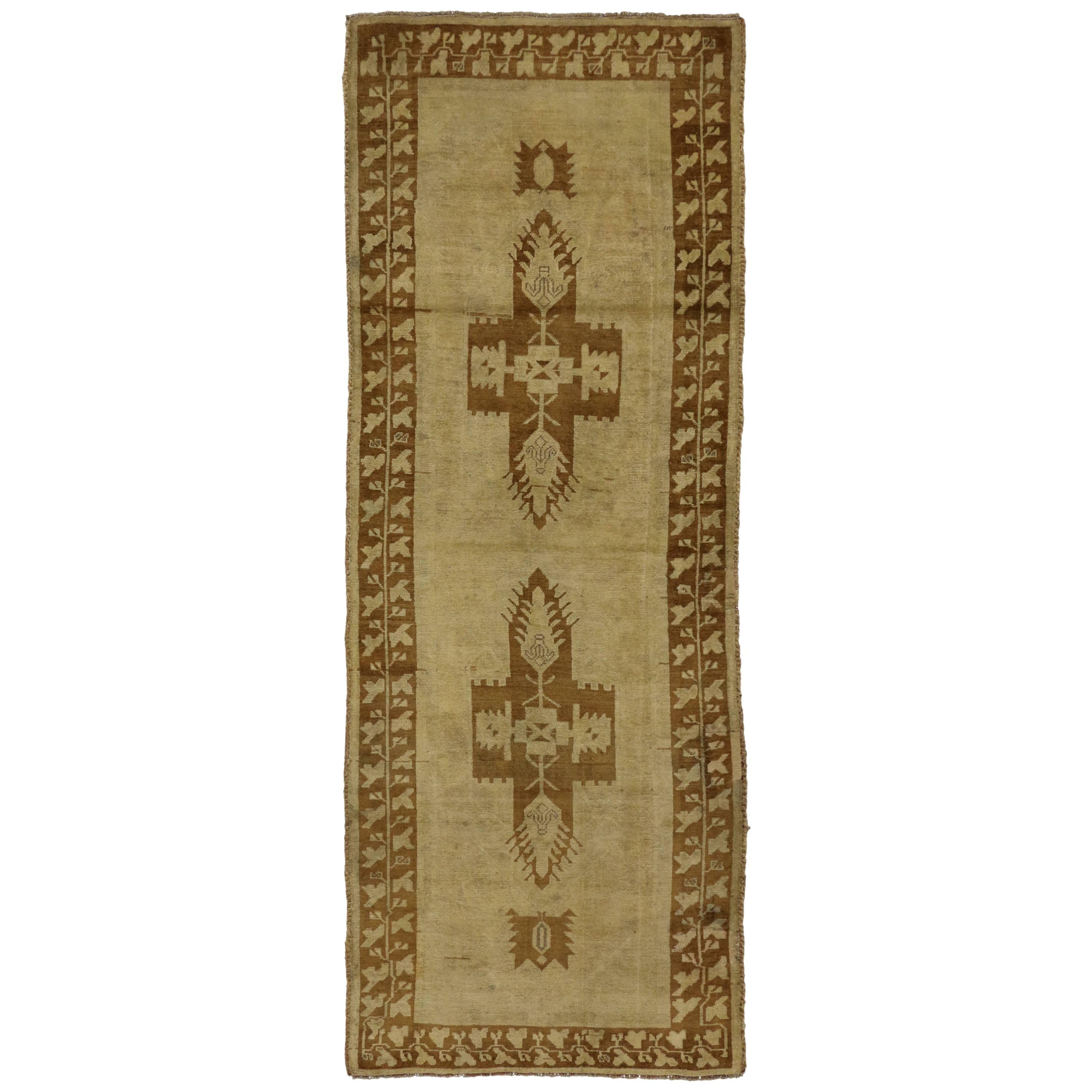 Vintage Turkish Oushak Runner with Warm, Neutral Colors, Hallway Runner For Sale