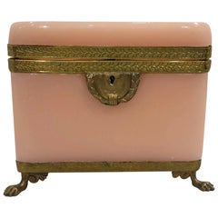 Retro Large Pale Pink Opaline Glass Bronze Mounted Trinket Box