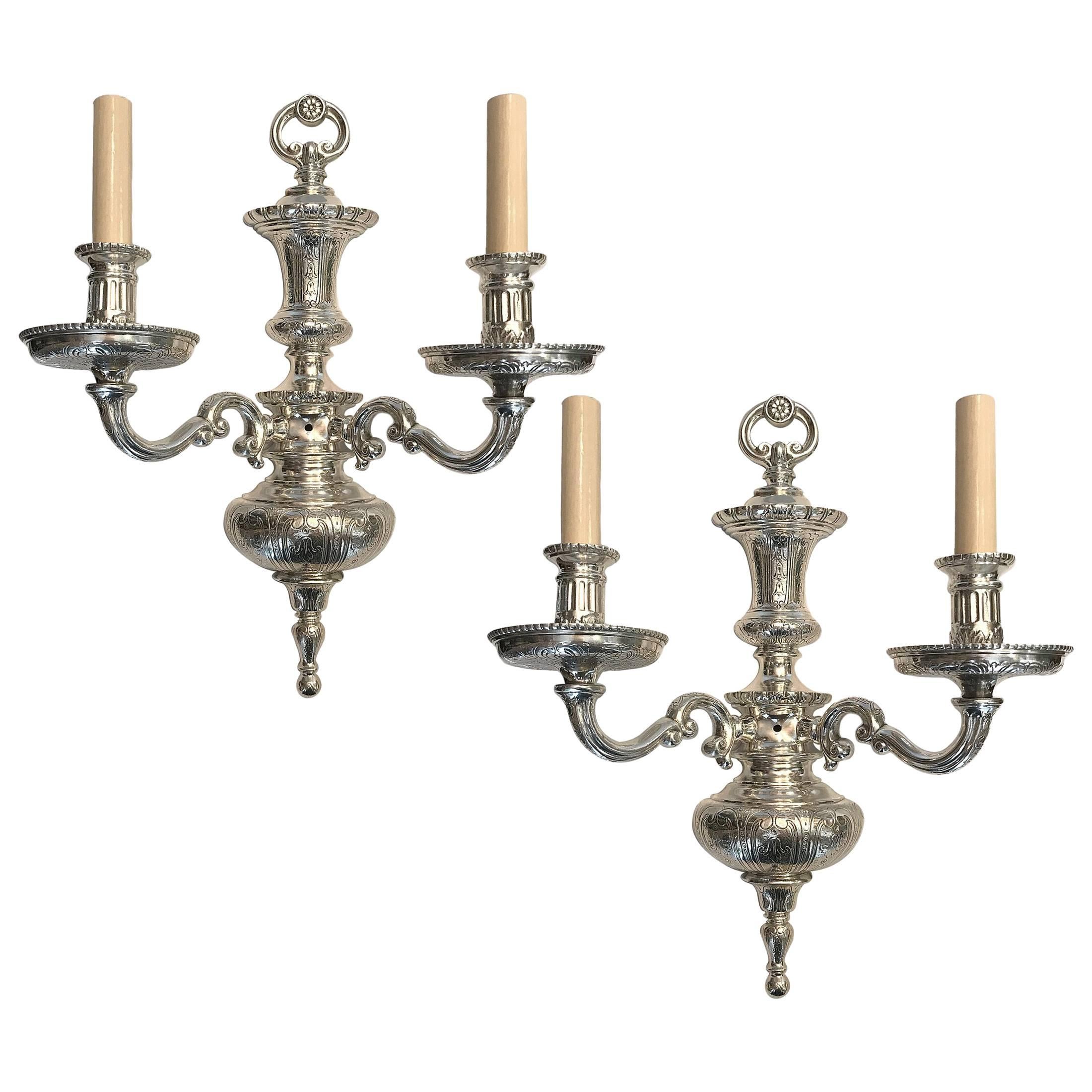 Pair of Neoclassic Silver Plated Sconces For Sale