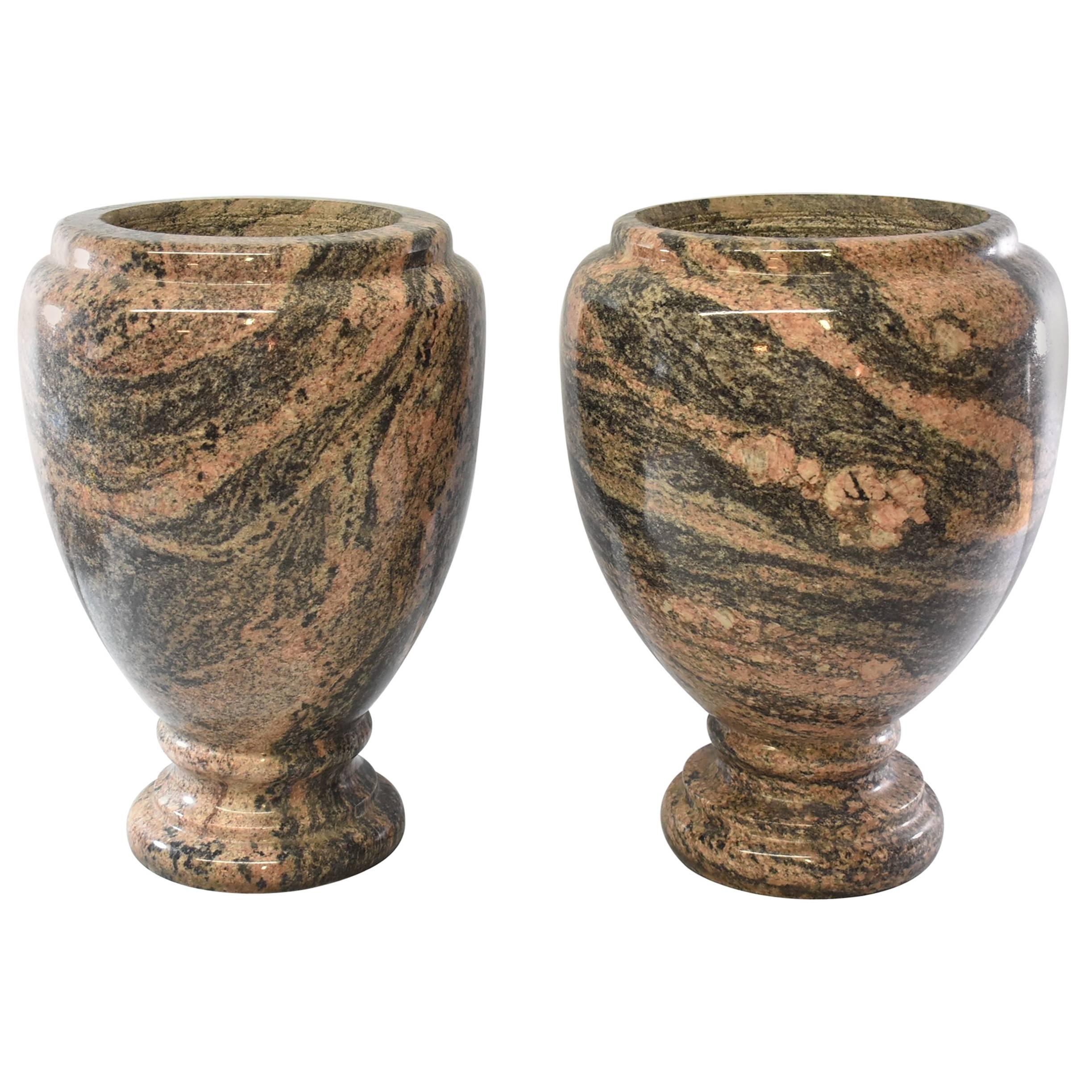 20th Century Turned and Polished Set of Two 16" Tall Granite Urns / Planters
