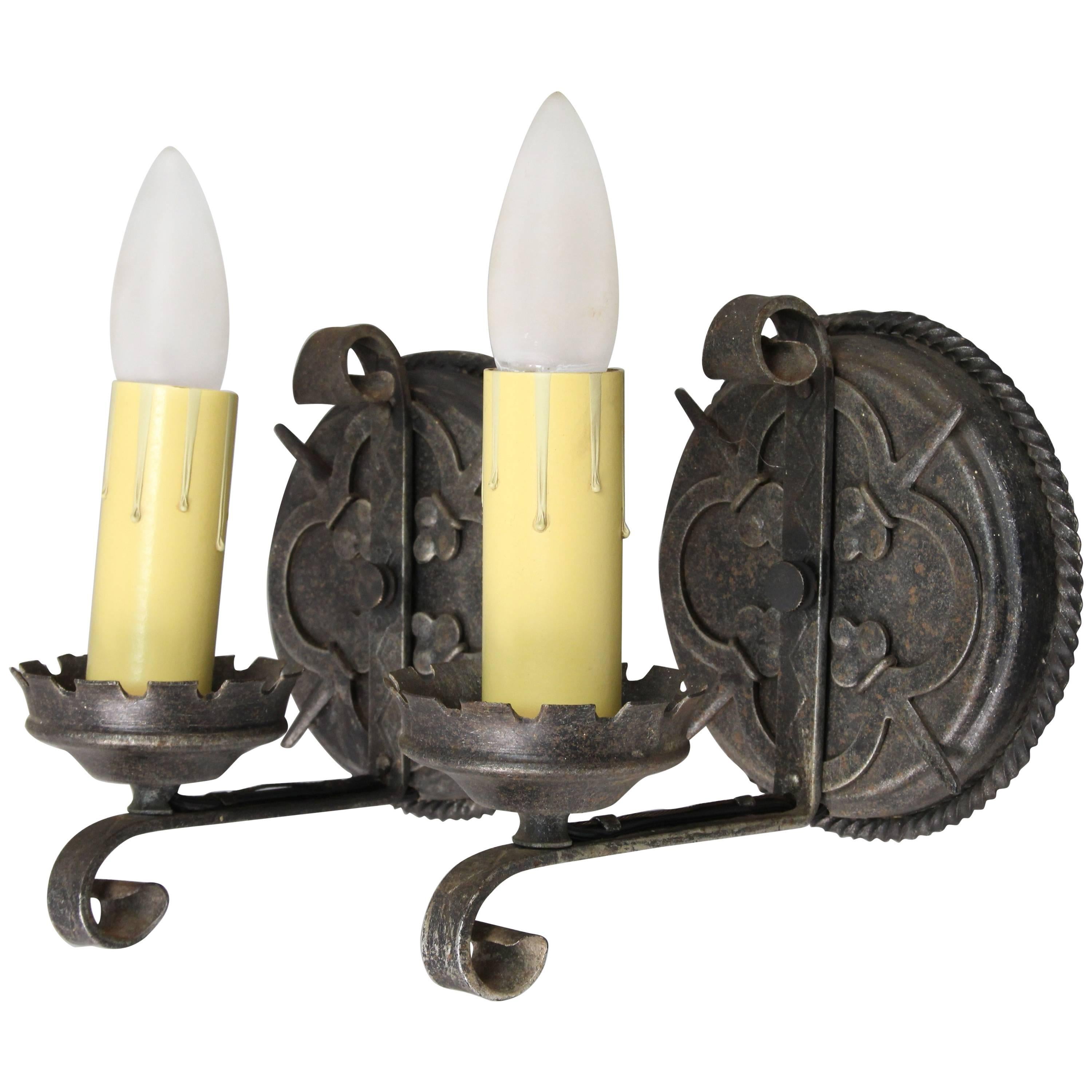 Antique Spanish Revival Pair of Simple Single Sconces with Spanish Clovers