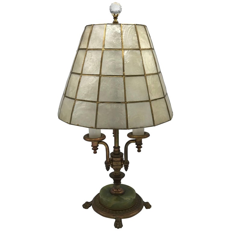 1920s Bronze and Green Onyx Candlestick Lamp with Capiz Shell Shade at