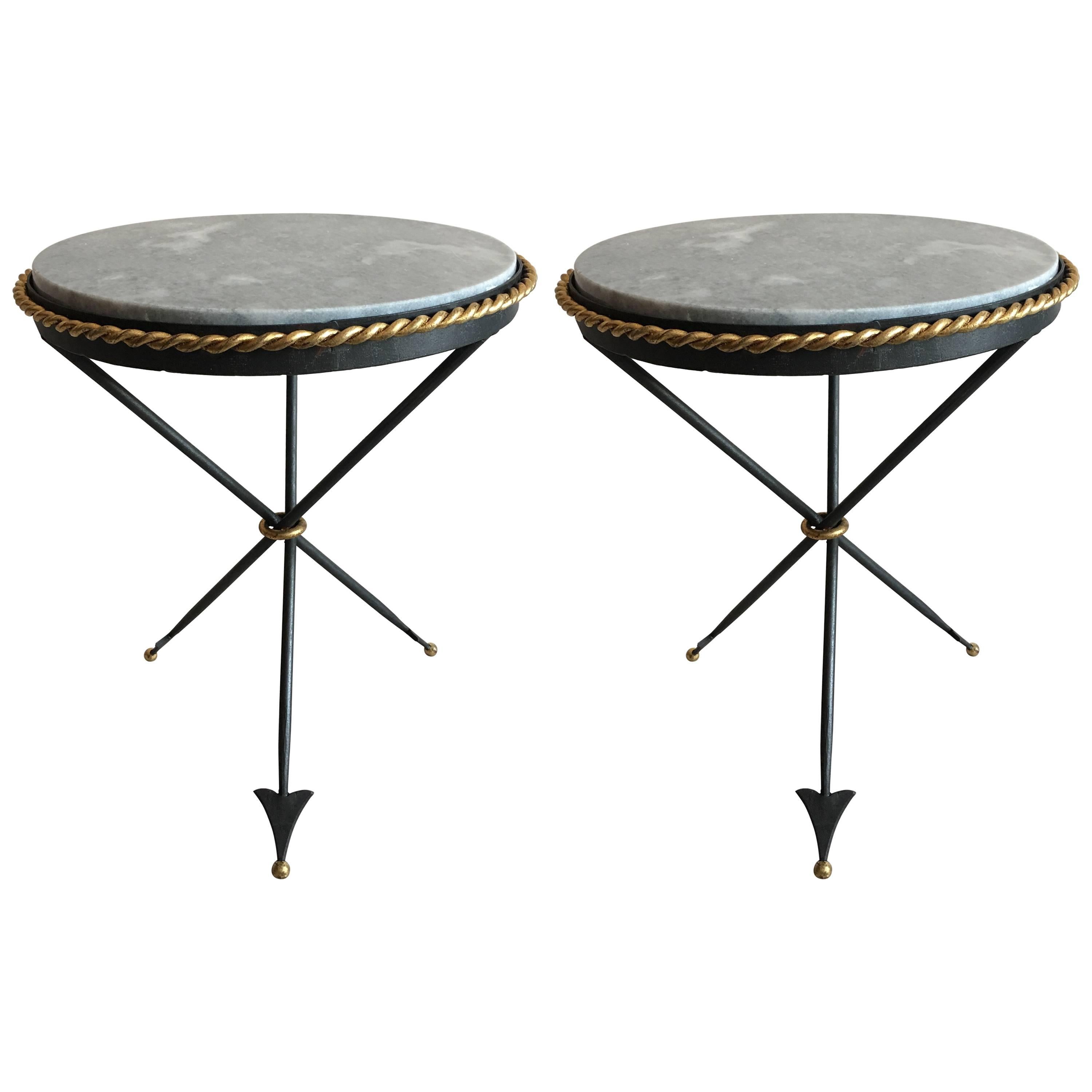 Pair of French Mid-Century Modern Neoclassical Gilt Iron and Marble Side Tables
