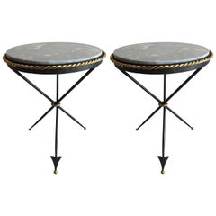 Pair of French Mid-Century Modern Neoclassical Gilt Iron and Marble Side Tables