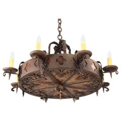Antique Large-Scale Iron Chandelier with Mica and Clover Cut-Outs, circa 1920s