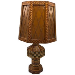 1970s Marquetry Wood Inlay Lamp with Shade