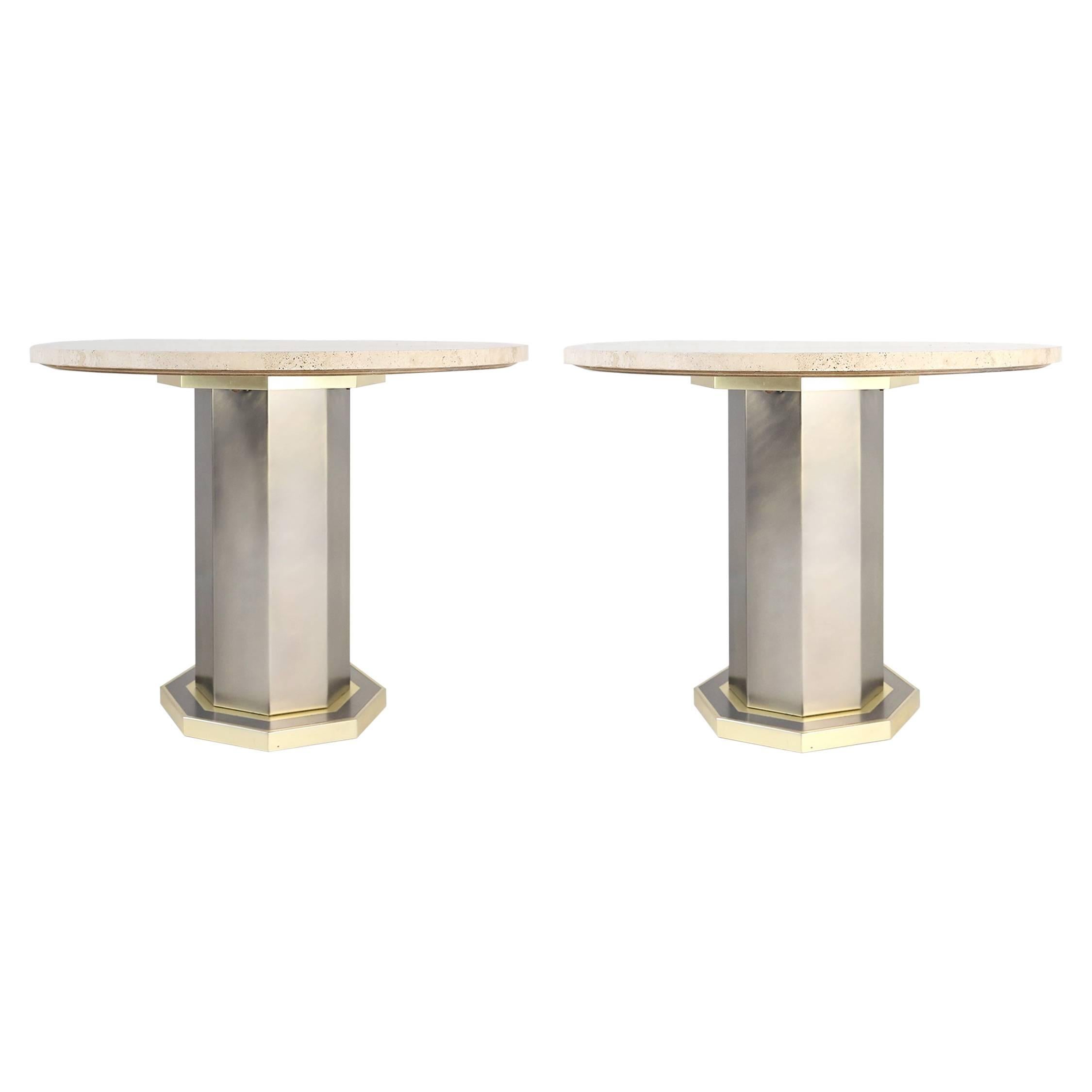 Pair of Travertine Dining Tables by Maison Jansen Belgo Chrome For Sale