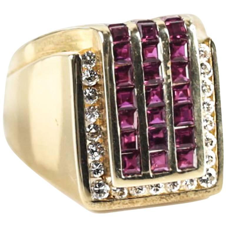 Charles Krypell 18 Karat Yellow Gold Diamond and Ruby Ring For Sale