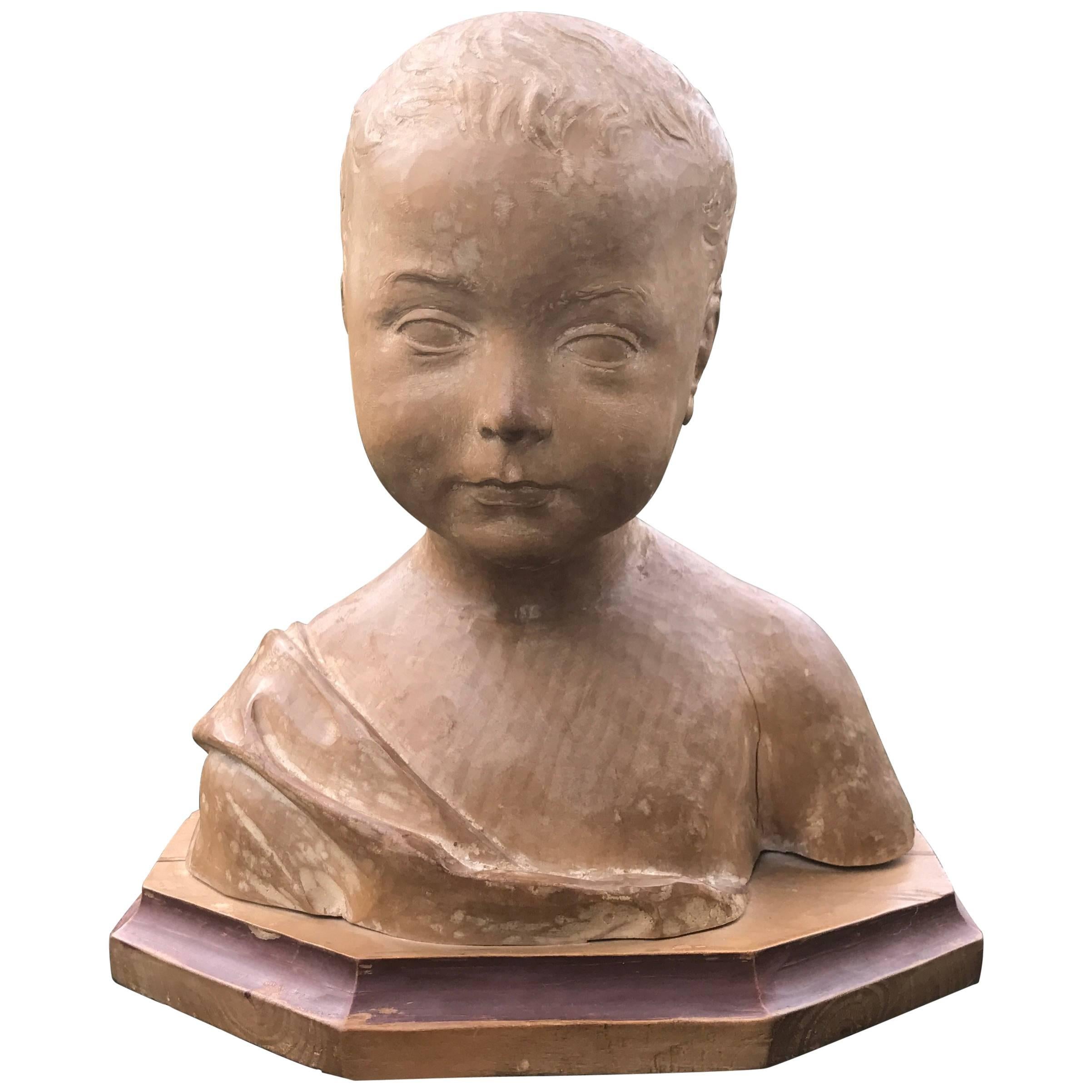 Italian Grand Tour Carved Wood Bust of a Child