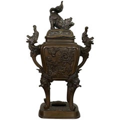 19th Century Bronze Asian Urn Censor with Foo Dog and Elephant Motif