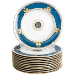 12 Wedgwood Porcelain Dinner Plates in Columbia Raised Gilt & Powder Blue