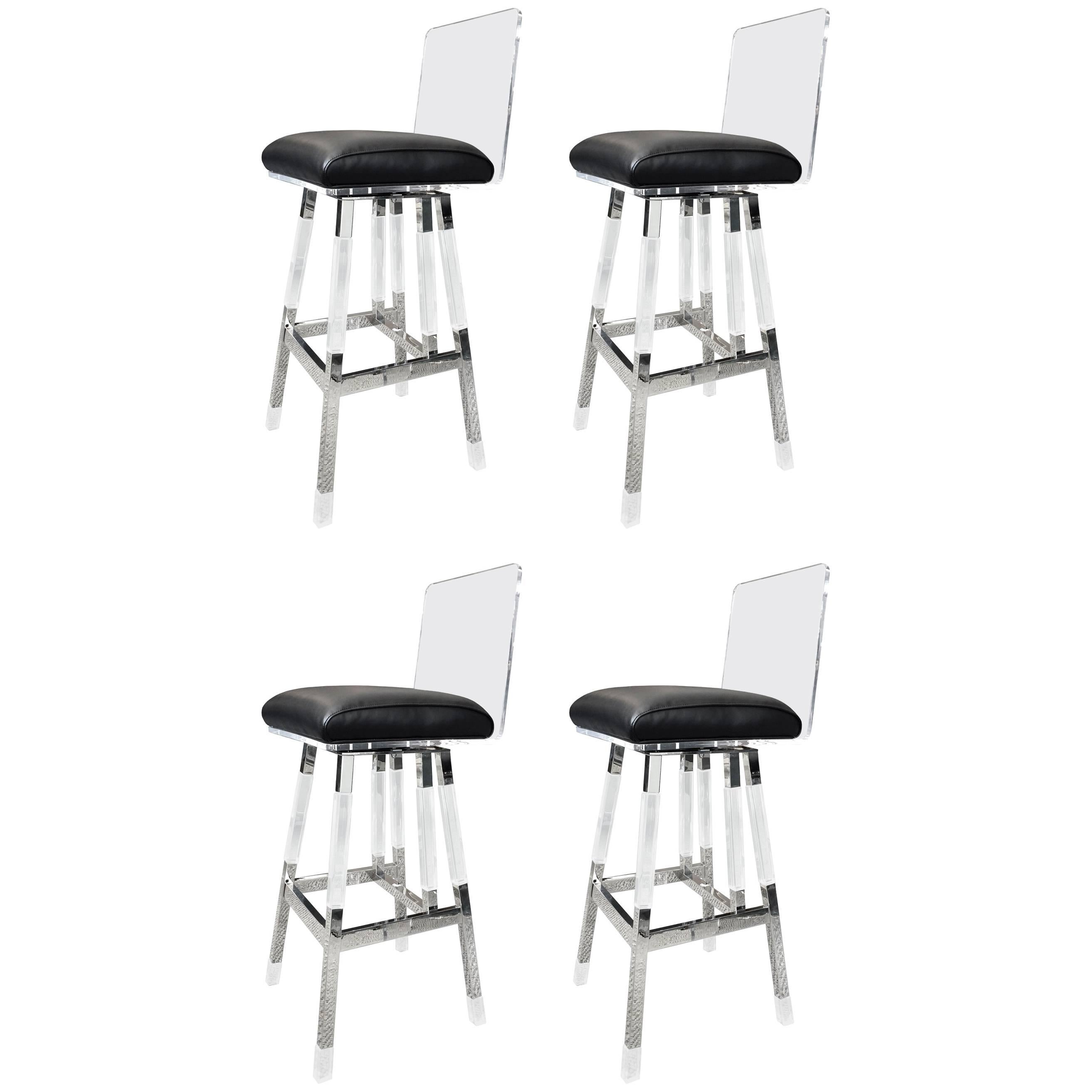 Charles Hollis Jones Barstools in Lucite and Polished Nickel "Metric" Collection