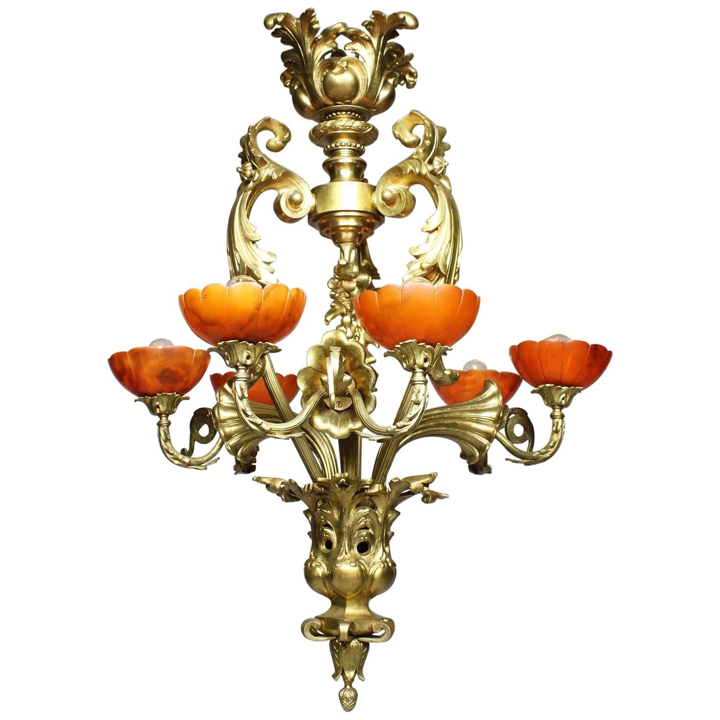 French Belle Époque Early 20th Century Gilt-Bronze & Alabaster Lilies Chandelier