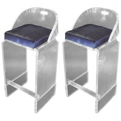 Pair of Lucite Bar Stools with Blue Cowhide Seats