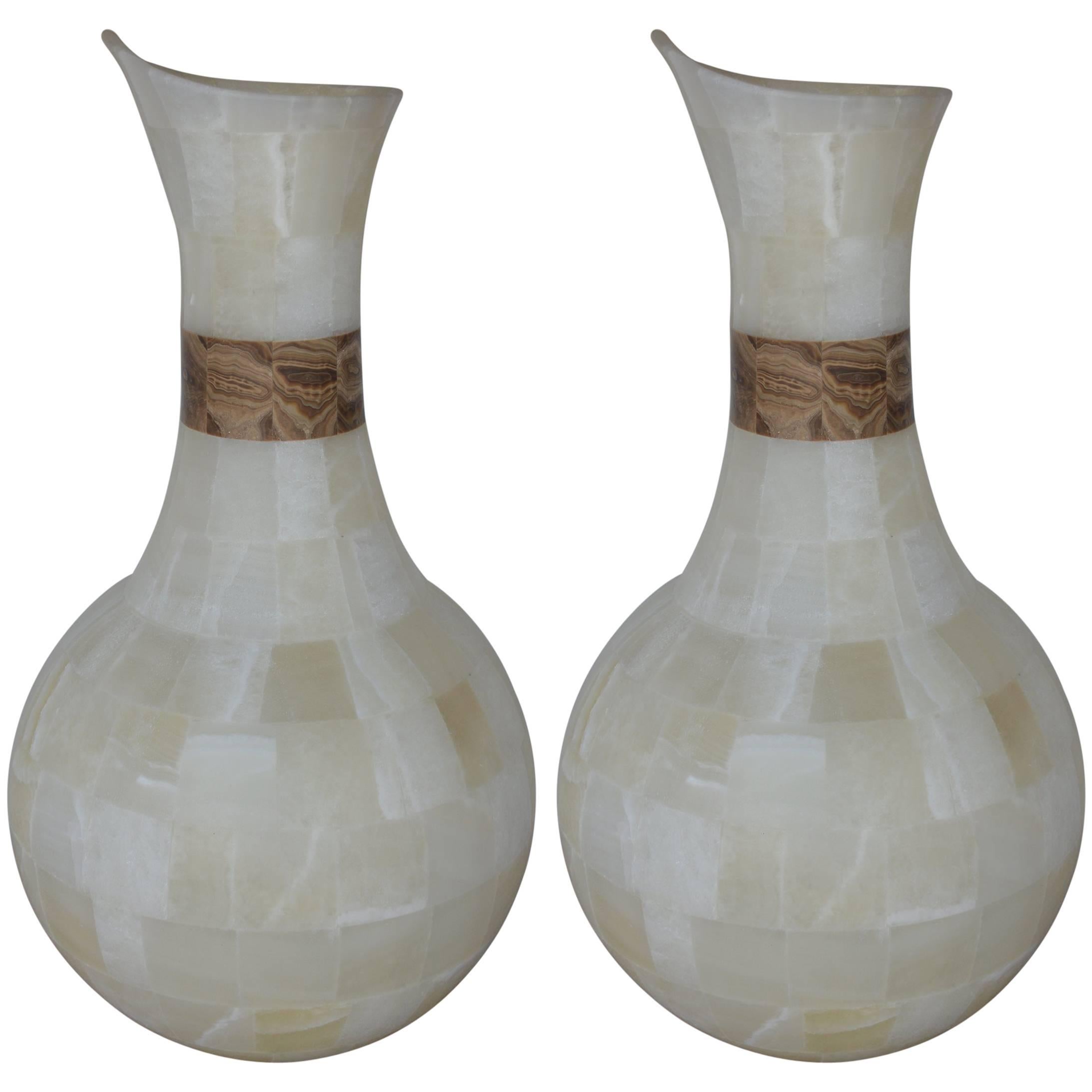 Pair of White Onyx Jar Lamps For Sale