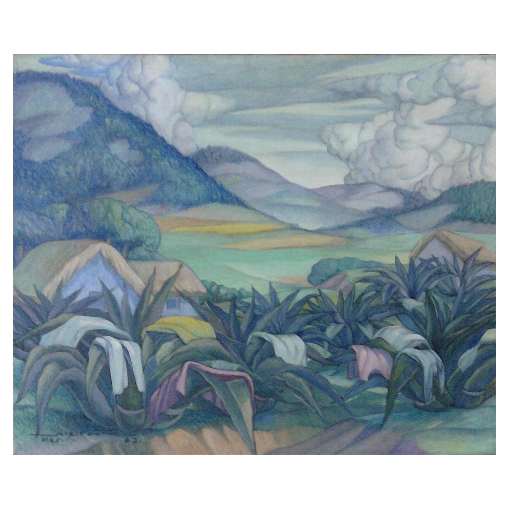 Alfonso Pena Important Mexican Muralist Painting, Drying Laundry, Mexique en vente