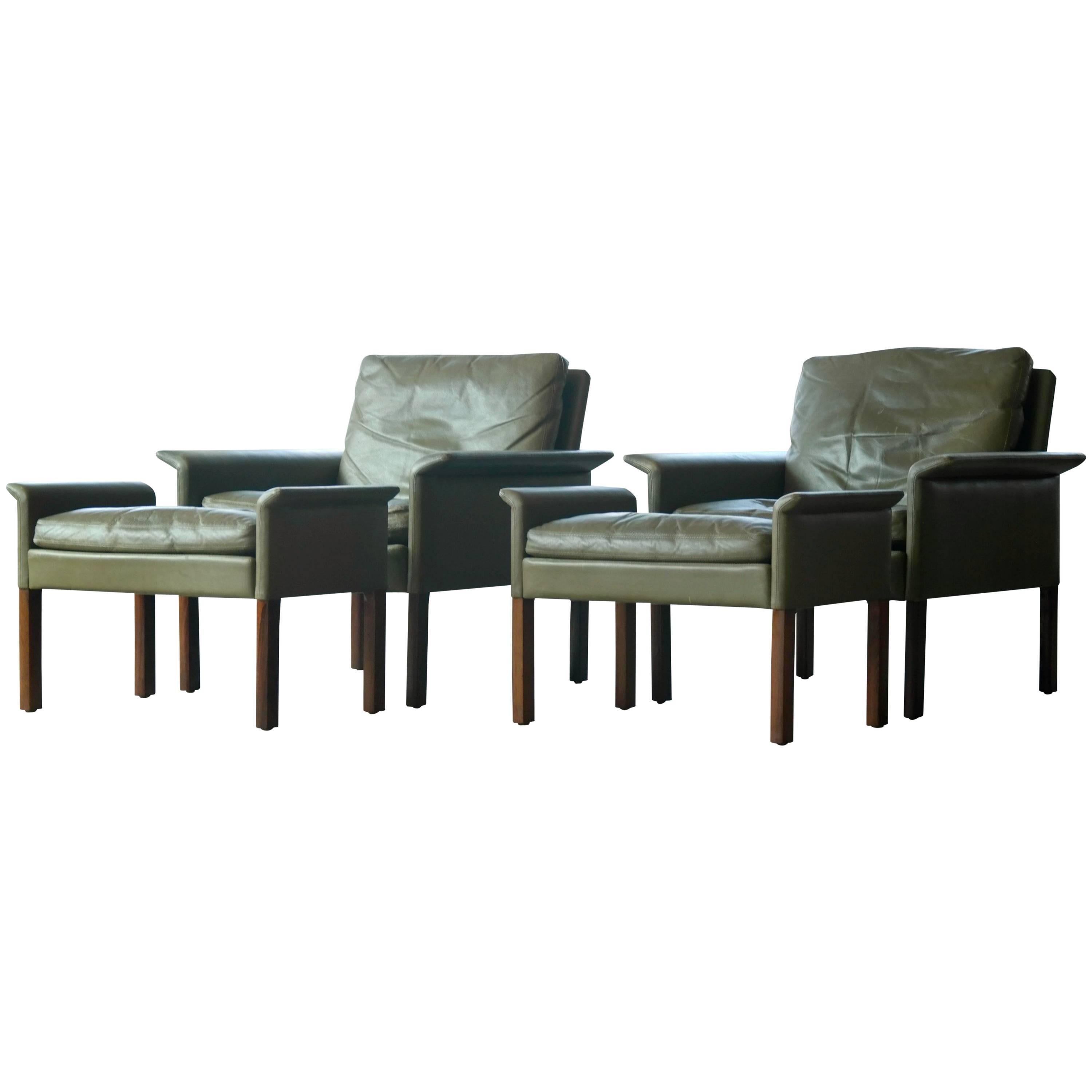 Hans Olsen Pair of Green Leather and Rosewood Lounge Chairs with Ottomans