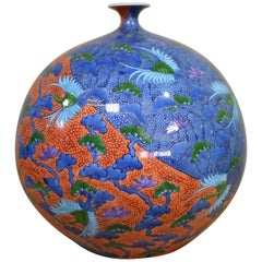 Large Japanese Ovoid Red and Blue Imari  Decorative Porcelain Vase by Kinsai