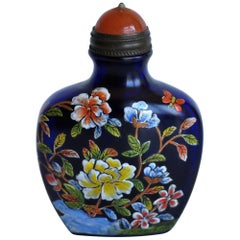 Antique Chinese Blue Glass Snuff Bottle Hand-Painted 4 Character Mark, Circa 1920