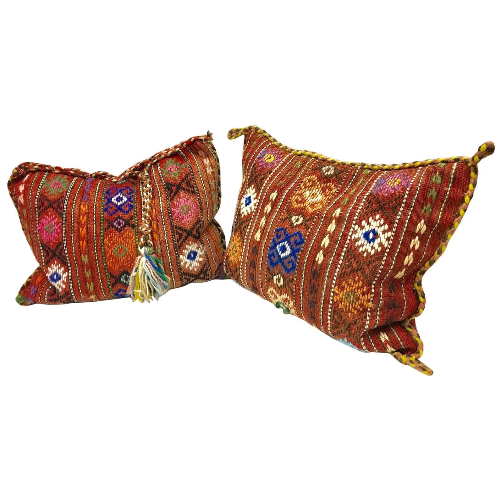Pair of Gypsy Turkish Oriental Salt Bag or Rug Embroidery Pillows